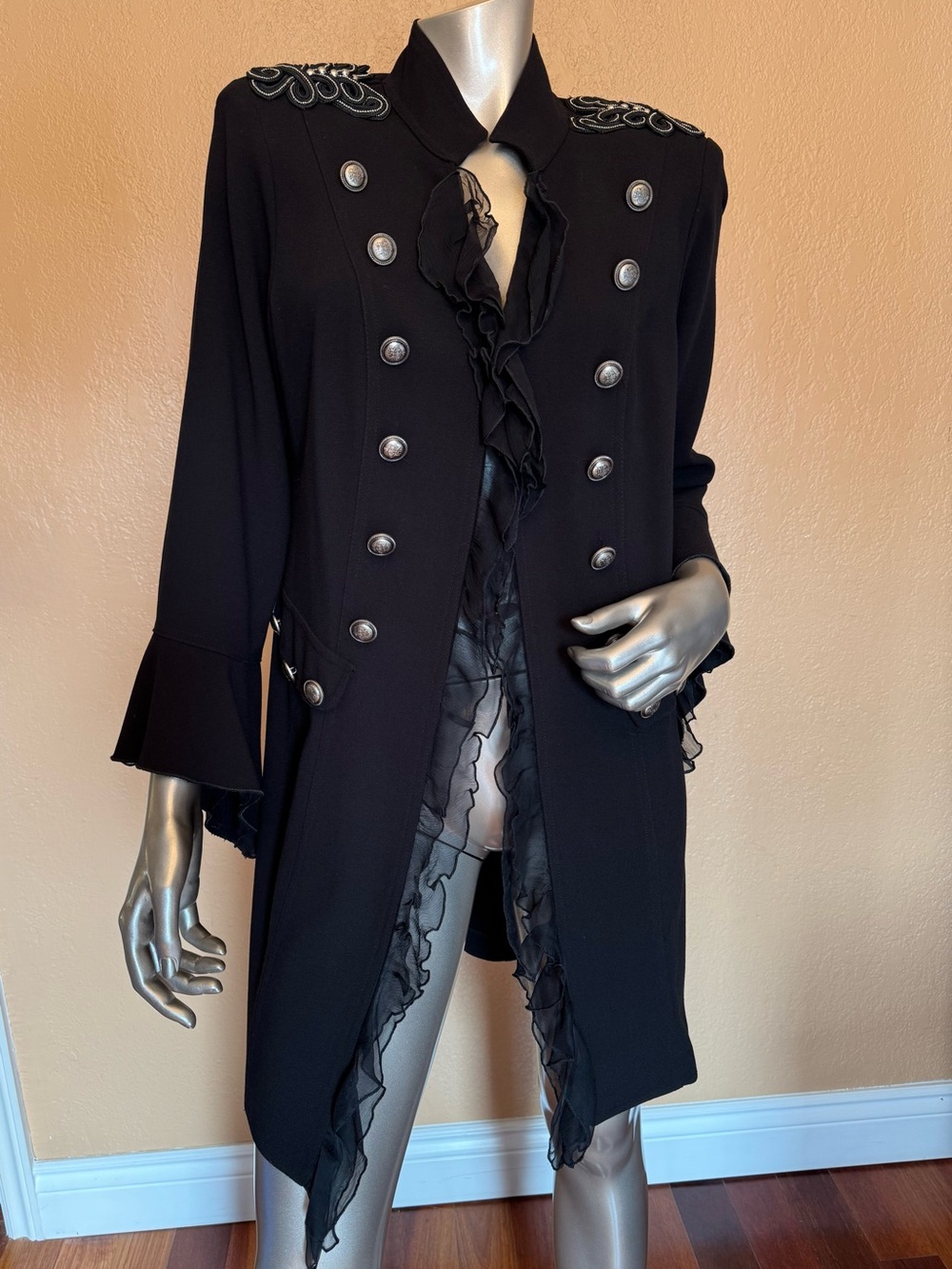 Extenzo Paris Steampunk Military Long Jacket with applique and ruffle trim